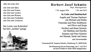 Anzeige von Herbert Josef Schmitz von Kölner Stadt-Anzeiger / Kölnische Rundschau / Express