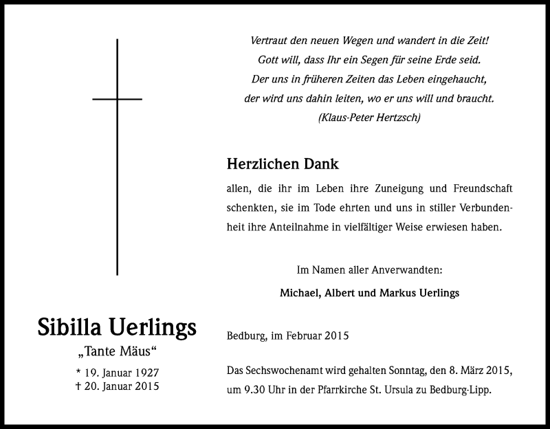  Traueranzeige für Sibilla Uerlings vom 28.02.2015 aus Kölner Stadt-Anzeiger / Kölnische Rundschau / Express