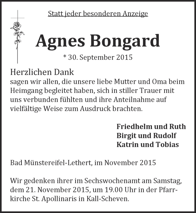  Traueranzeige für Agnes Bongard vom 15.11.2015 aus  Blickpunkt Euskirchen 