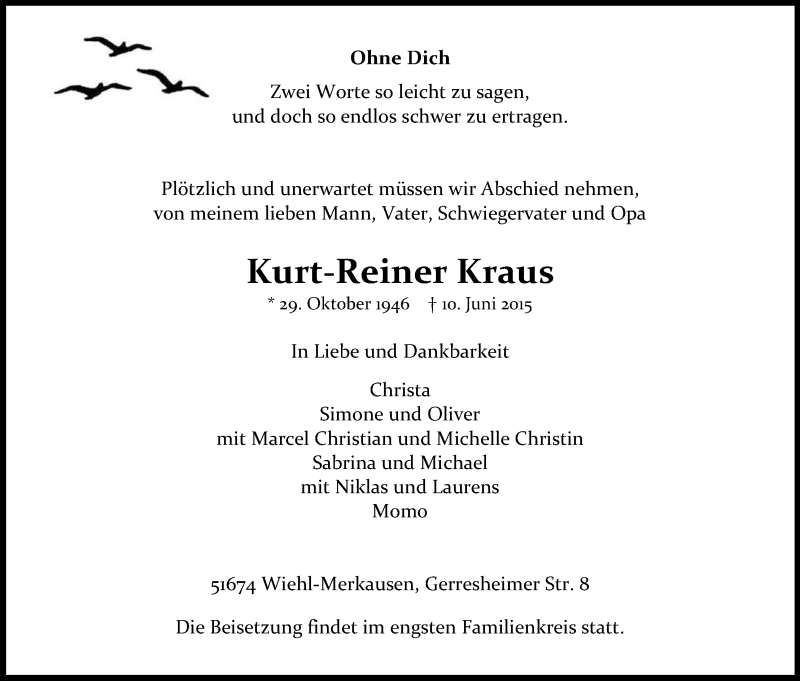  Traueranzeige für Kurt-Reiner Kraus vom 13.06.2015 aus Kölner Stadt-Anzeiger / Kölnische Rundschau / Express