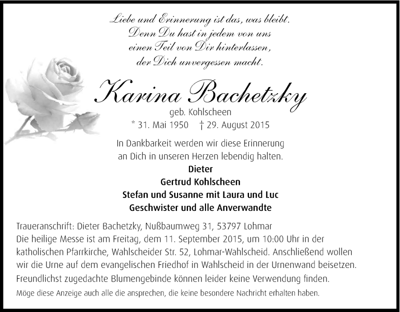  Traueranzeige für KArina Bachetzky vom 05.09.2015 aus Kölner Stadt-Anzeiger / Kölnische Rundschau / Express