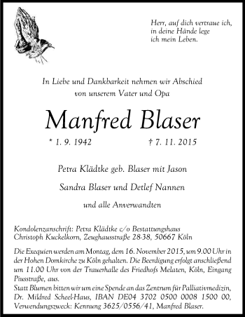 Anzeige von Manfred Blaser von Kölner Stadt-Anzeiger / Kölnische Rundschau / Express