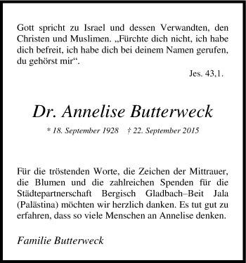Anzeige von Annelise Butterweck von Köln - Wir Trauern