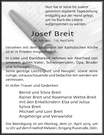 Anzeige von Josef Breit von Kölner Stadt-Anzeiger / Kölnische Rundschau / Express