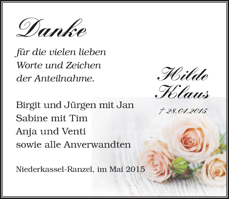  Traueranzeige für Hilde Klaus vom 27.05.2015 aus  Extra Blatt 