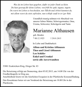 Anzeige von Marianne Althausen von Kölner Stadt-Anzeiger / Kölnische Rundschau / Express