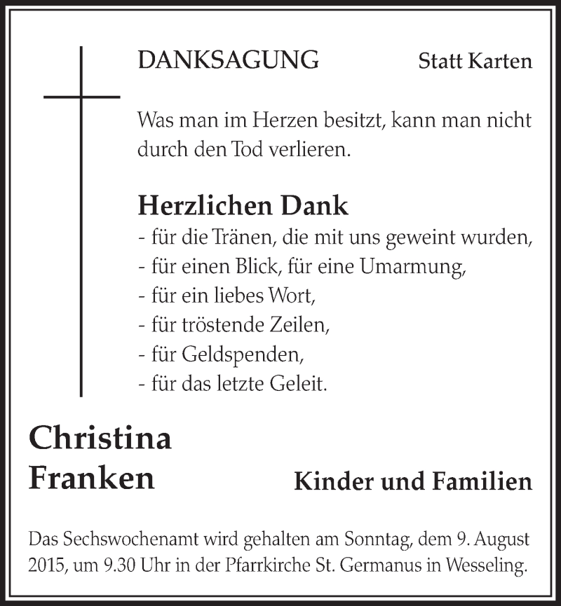  Traueranzeige für Christina Franken vom 05.08.2015 aus  Schlossbote/Werbekurier 
