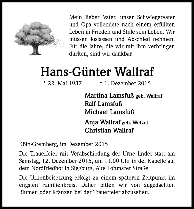  Traueranzeige für Hans-Günter Wallraf vom 09.12.2015 aus Kölner Stadt-Anzeiger / Kölnische Rundschau / Express