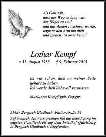 Anzeige von Lothar Kempf von Kölner Stadt-Anzeiger / Kölnische Rundschau / Express