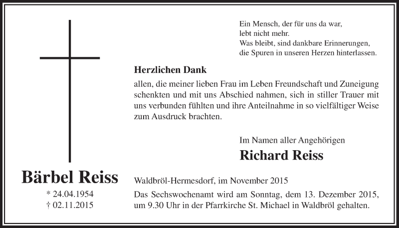  Traueranzeige für Bärbel Reiss vom 25.11.2015 aus  Lokalanzeiger 