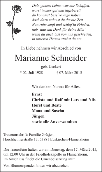 Anzeige von Marianne Schneider von  Blickpunkt Euskirchen 