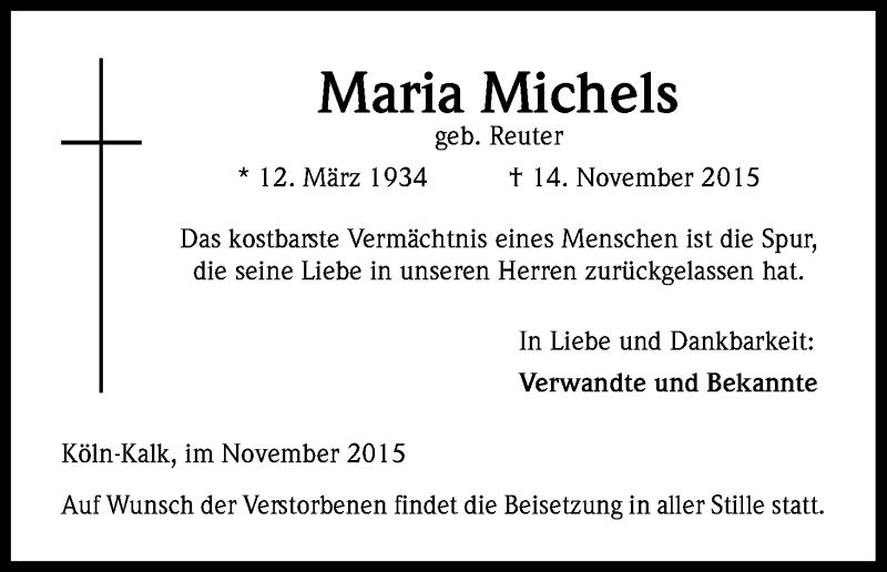  Traueranzeige für Maria Michels vom 28.11.2015 aus Kölner Stadt-Anzeiger / Kölnische Rundschau / Express