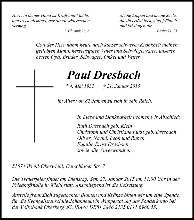  Traueranzeige für Paul Dresbach vom 24.01.2015 aus Kölner Stadt-Anzeiger / Kölnische Rundschau / Express