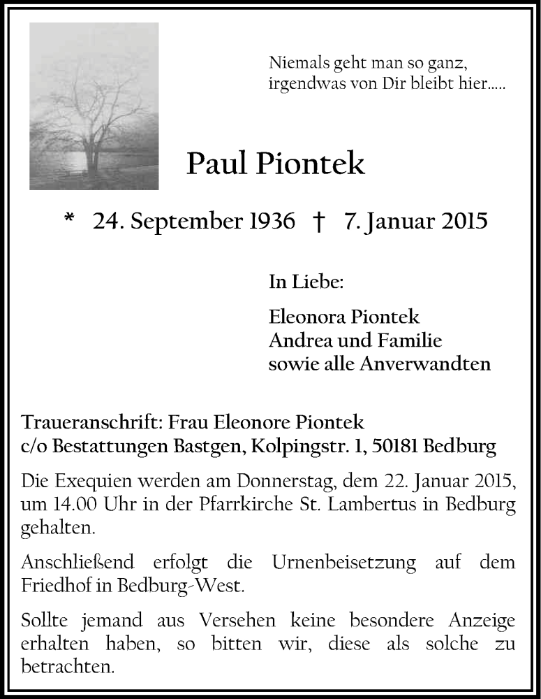  Traueranzeige für Paul Piontek vom 17.01.2015 aus Kölner Stadt-Anzeiger / Kölnische Rundschau / Express