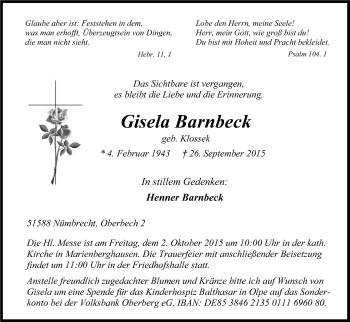 Anzeige von Gisela Barnbeck von Kölner Stadt-Anzeiger / Kölnische Rundschau / Express