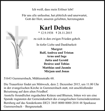 Anzeige von Karl Debus von Kölner Stadt-Anzeiger / Kölnische Rundschau / Express