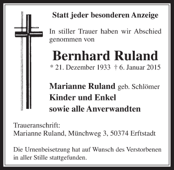 Anzeige von Bernhard Ruland von  Werbepost 