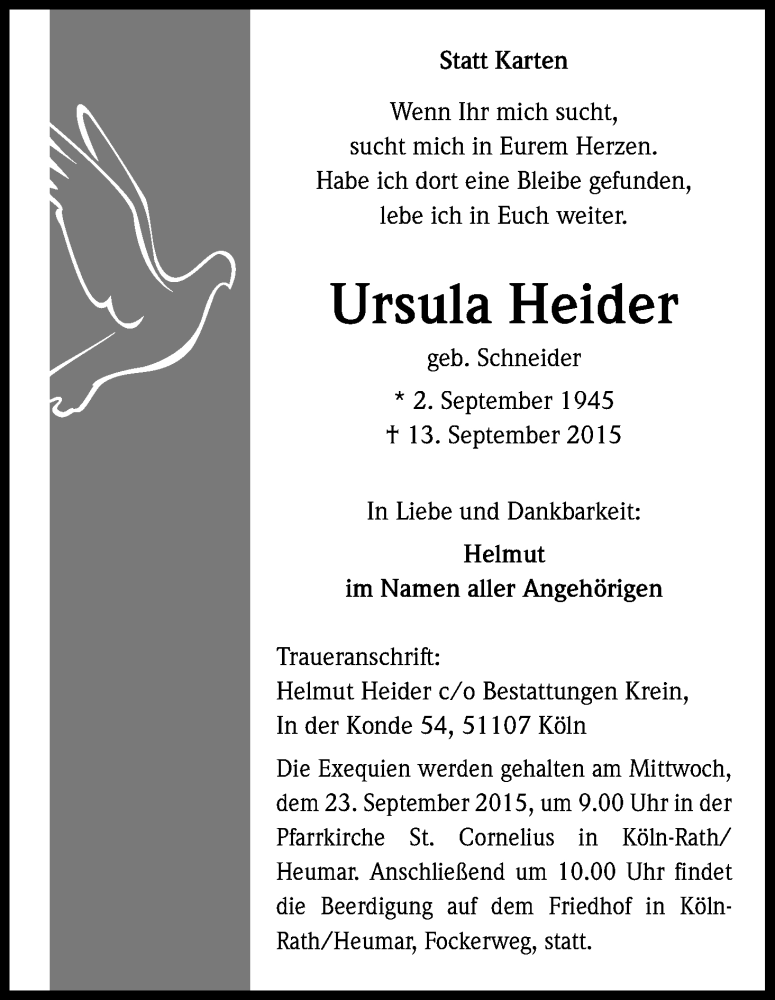  Traueranzeige für Ursula Heider vom 19.09.2015 aus Kölner Stadt-Anzeiger / Kölnische Rundschau / Express
