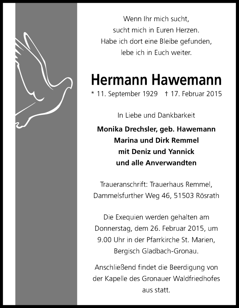 Traueranzeige für Hermann Hawemann vom 21.02.2015 aus Kölner Stadt-Anzeiger / Kölnische Rundschau / Express