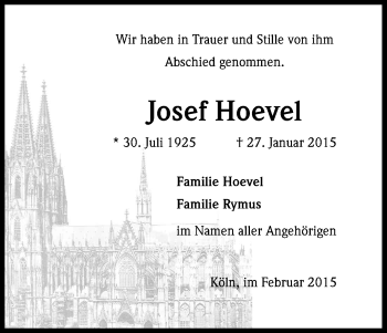 Anzeige von Josef Hoevel von Kölner Stadt-Anzeiger / Kölnische Rundschau / Express