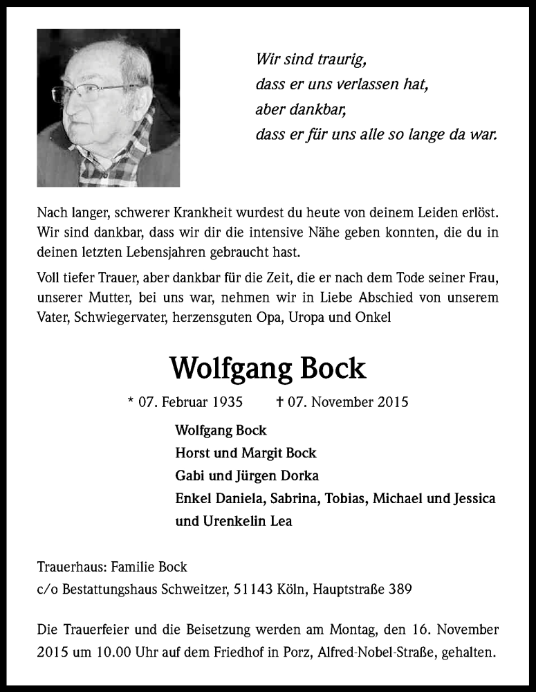  Traueranzeige für Wolfgang Bock vom 13.11.2015 aus Kölner Stadt-Anzeiger / Kölnische Rundschau / Express