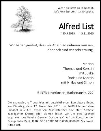 Anzeige von Alfred List von Kölner Stadt-Anzeiger / Kölnische Rundschau / Express