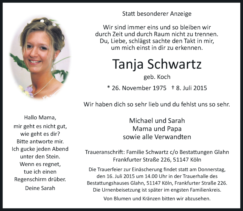  Traueranzeige für Tanja Schwartz vom 15.07.2015 aus  Kölner Wochenspiegel 