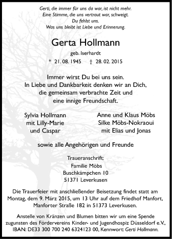 Anzeige von Gerta Hollmann von Kölner Stadt-Anzeiger / Kölnische Rundschau / Express