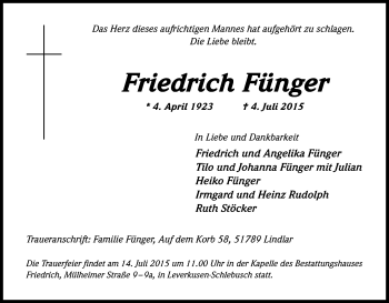 Anzeige von Friedrich Fünger von Kölner Stadt-Anzeiger / Kölnische Rundschau / Express