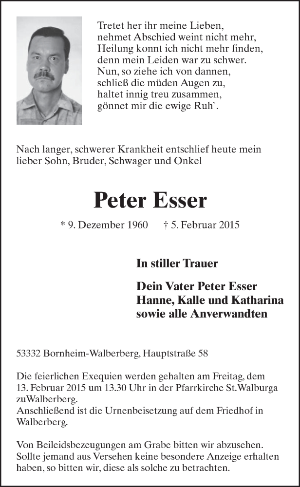  Traueranzeige für Peter Esser vom 11.02.2015 aus  Schaufenster/Blickpunkt 
