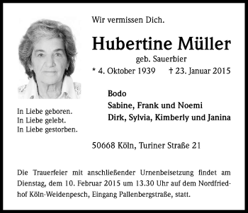 Anzeige von Hubertine Müller von Kölner Stadt-Anzeiger / Kölnische Rundschau / Express