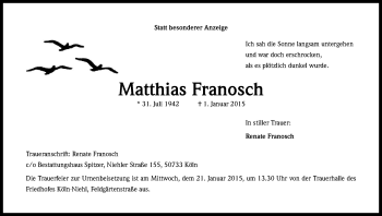 Anzeige von Matthias Franosch von Kölner Stadt-Anzeiger / Kölnische Rundschau / Express