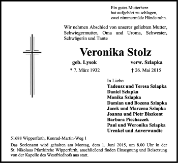 Anzeige von Veronika Stolz von Kölner Stadt-Anzeiger / Kölnische Rundschau / Express