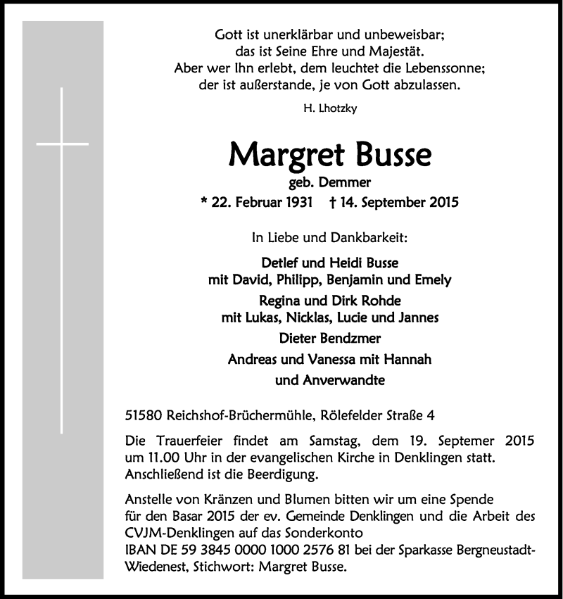  Traueranzeige für Margret Busse vom 16.09.2015 aus Kölner Stadt-Anzeiger / Kölnische Rundschau / Express