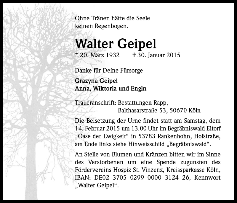  Traueranzeige für Walter Geipel vom 11.02.2015 aus Kölner Stadt-Anzeiger / Kölnische Rundschau / Express