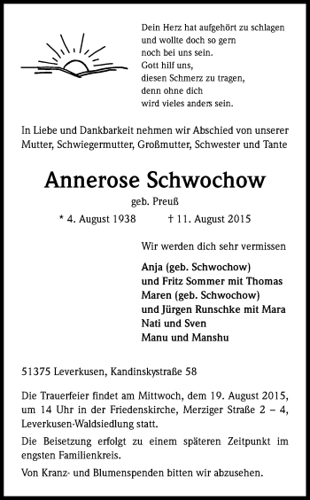 Anzeige von Annerose Schwochow von Kölner Stadt-Anzeiger / Kölnische Rundschau / Express