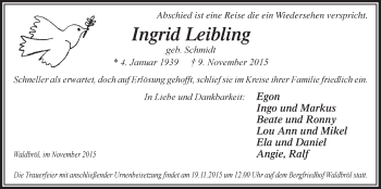 Anzeige von Ingrid Leibling von  Lokalanzeiger 