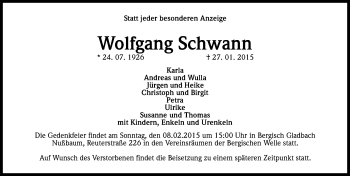 Anzeige von Wolfgang Schwann von Kölner Stadt-Anzeiger / Kölnische Rundschau / Express