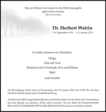 Anzeige von Herbert Watrin von Kölner Stadt-Anzeiger / Kölnische Rundschau / Express