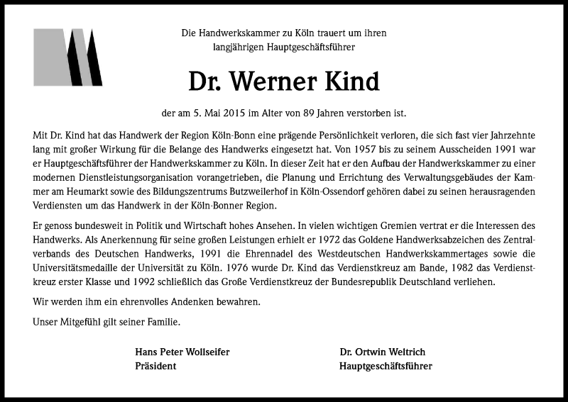  Traueranzeige für Werner  Kind vom 09.05.2015 aus Kölner Stadt-Anzeiger / Kölnische Rundschau / Express