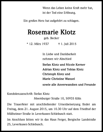 Anzeige von Rosemarie Klotz von Kölner Stadt-Anzeiger / Kölnische Rundschau / Express