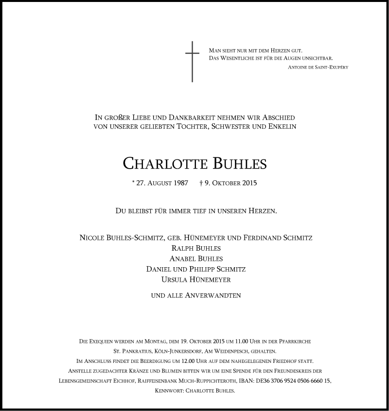  Traueranzeige für Charlotte Buhles vom 17.10.2015 aus Kölner Stadt-Anzeiger / Kölnische Rundschau / Express