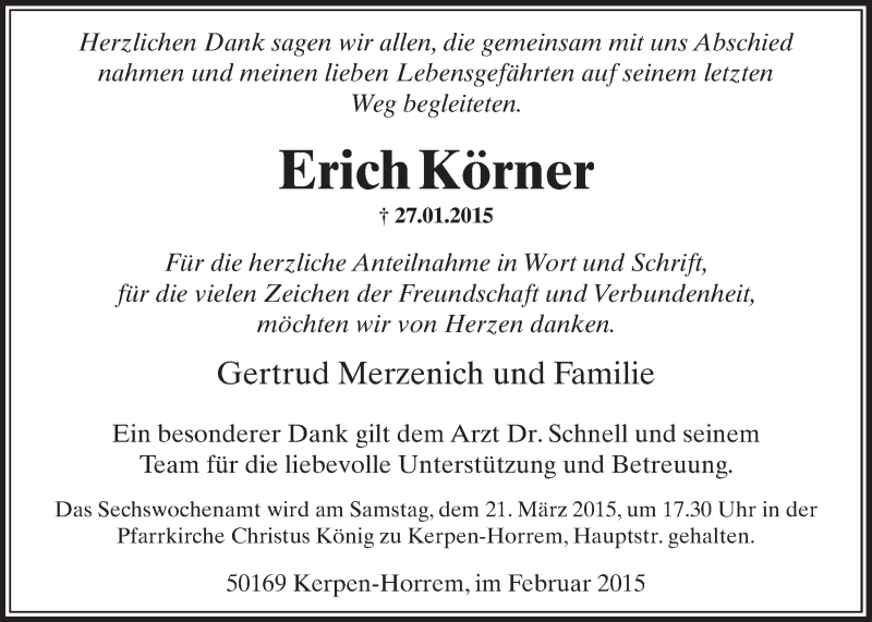  Traueranzeige für Erich Krner vom 28.02.2015 aus  Sonntags-Post 