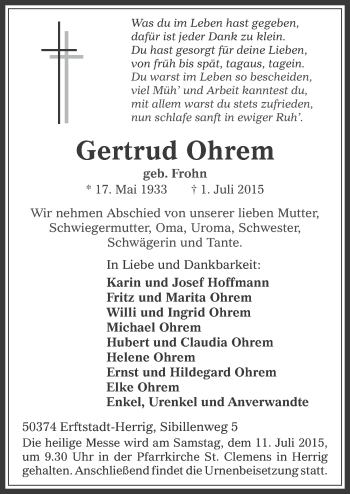 Anzeige von Gertrud Ohrem von  Werbepost 