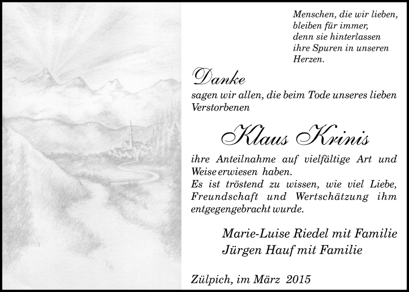  Traueranzeige für Klaus Krinis vom 22.03.2015 aus  Blickpunkt Euskirchen 
