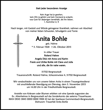 Anzeige von Anita Bohle von Kölner Stadt-Anzeiger / Kölnische Rundschau / Express