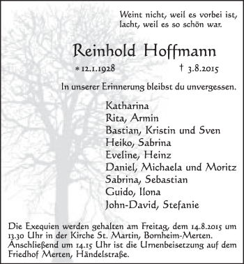 Anzeige von Reinhold Hoffmann von  Schlossbote/Werbekurier 