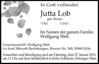 Anzeige von Jutta Lob von Kölner Stadt-Anzeiger / Kölnische Rundschau / Express
