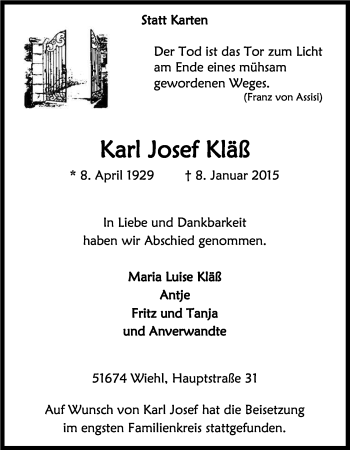 Anzeige von Karl Josef Kläß von Kölner Stadt-Anzeiger / Kölnische Rundschau / Express