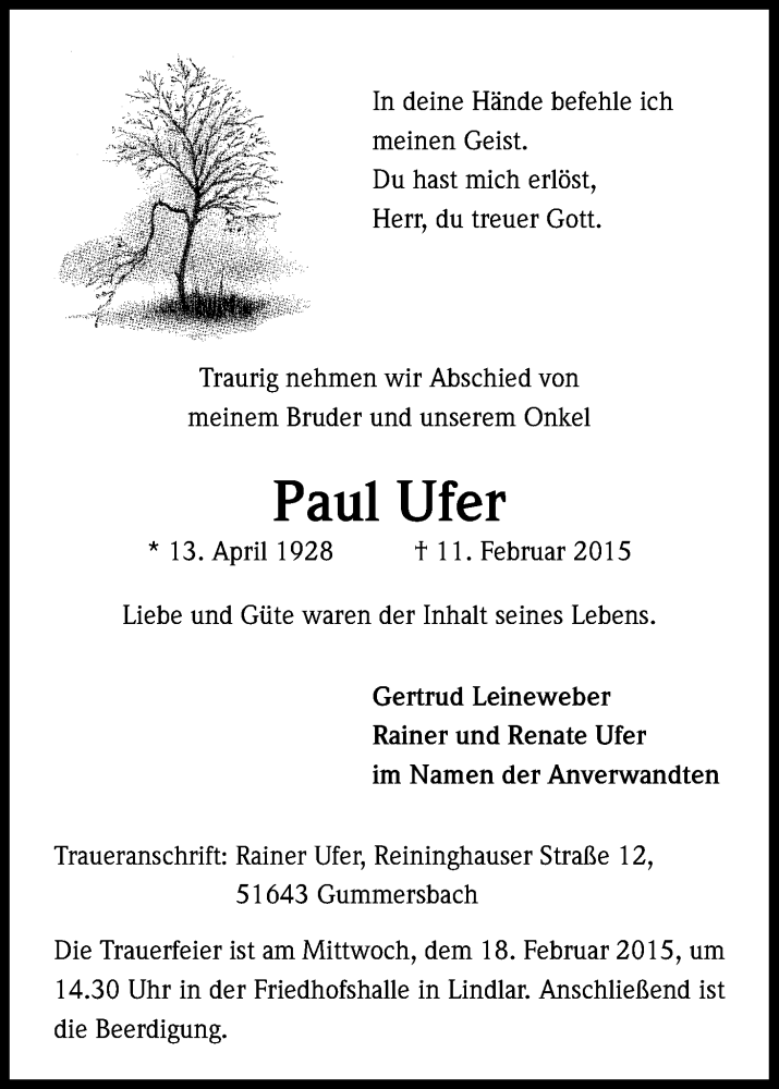  Traueranzeige für Paul Ufer vom 14.02.2015 aus Kölner Stadt-Anzeiger / Kölnische Rundschau / Express